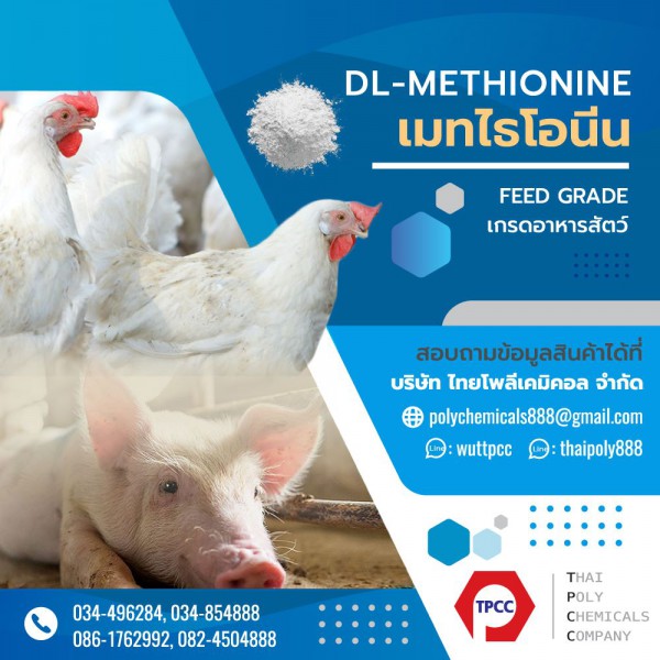 เมทไธโอนีน, Methionine, ดีแอล-เมทไธโอนีน, DL-Methionine, เกรดอาหารสัตว์, Feed Grade สามารถสอบถาม ข้อมูลสินค้าเพิ่มเติม และสั่งซื้อสินค้าได้ที่  บริษัท ไทยโพลีเคมิคอล จำกัด Thai Poly Chemicals Co., Ltd. 36/1 หมู่ที่ 9 ต.นาดี อ.เมืองสมุทรสาคร จ.สมุทรสาคร 74