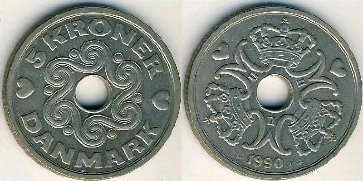 เหรียญประเทศเดนมากร์ 5 KRONER DANMARK ปี 1990